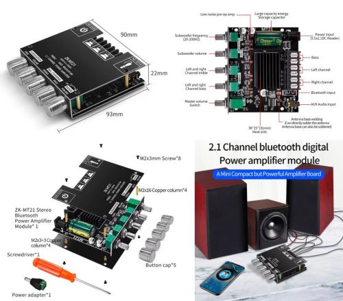 Audio erősítő 2x50W+100W sub , 3,5 jack vonal bemenet, BT 5.0 bemenet, 2+1 hangfal kimenet RENDELÉSRE !!!!