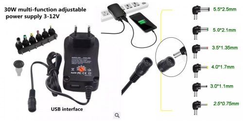 Stabilizált univerzális kapcsolóüzemű tápegység 3-12V 2,5A 30W + USB aljzat 5V 2.1A  RENDELÉSRE !!!!!! 2-3 munkanap