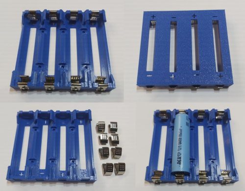 18650 Li-ion 4db lapos érintkezős 65mm-es akkumulátorokhoz, acél rugós érintkezőkkel, forgatott polaritású, akkumulátor tartó. KAPHATÓ !!!!!!