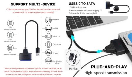 USB-A dugó - SATA SSD 2,5"/ 3,5" vagy 2,5"/ 3,5" HDD átalakító, tápegységgel KAPHATÓ !!!!!