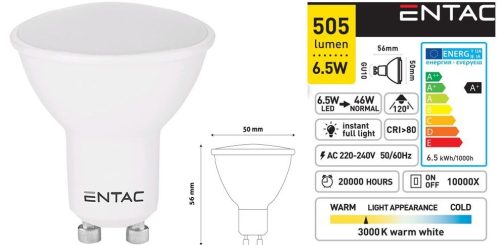 GU10 7W 100-250V ̴ 50/60Hz 4000K természetes-fehér, Sugár szög: 100°, 520 lumen !!! RENDELÉS ALATT !!!!