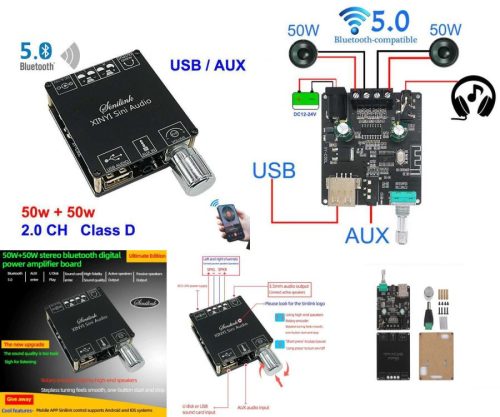 Audio erősítő 2x50 W, 3,5 jack vonal bemenet, BT 5.0 bemenet, USB A aljzat bemenet, 3,5 jack fejhallgató kimenet + hangfal kimenet RENDELÉS ALATT !!!!!