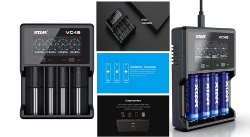 XTAR VC4S univerzális Li-ion/Ni-MH akkumulátortöltő, egyszerre 4 darab (akár különböző méretkódú és fajtájú) cellát tudunk tölteni.  KIFOGYOTT !!!!!!