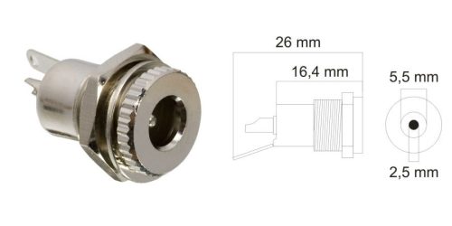 DC aljzat, beépíthető, fém, 5,5,x2,5mm (05156)