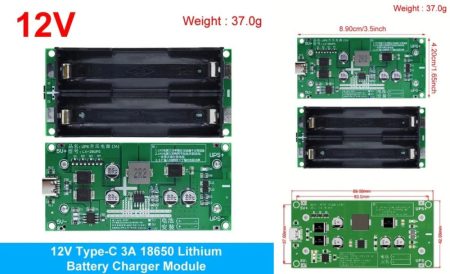 18650 Li-ion 2db-os akkutartó, töltő modul USB-C max 3A bemenet, step-up 12V 1,2A kimenet, szünetmentes tápegység KAPHATÓ !!!!!!