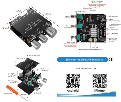 Audio erősítő 2x50 W, hangerő magas és mély állítás, 3,5 jack vonal BT 5.0 és USB A aljzat bemenet, 3,5 jack fejhallgató és hangfal kimenet (YS-T50L) RENDELÉSRE !!!!!