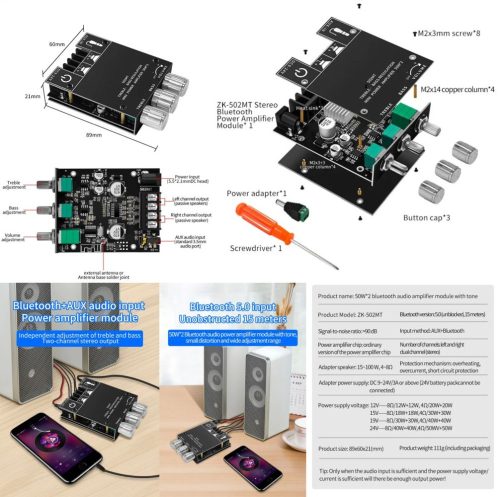 Audio erősítő 2x50 W, hangerő magas és mély állítás, 3,5 jack vonal és BT 5.0 bemenet, hangfal kimenet. (ZK-502MT) AKCIÓS !!!!! RENDELÉSRE !!!!!!