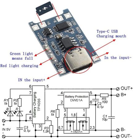 USB C-type bemenet, ultra mini 5V 1A Lithium Li-Ion / Li-Po akkumulátortöltő modul  AKCIÓS !!!!!!!