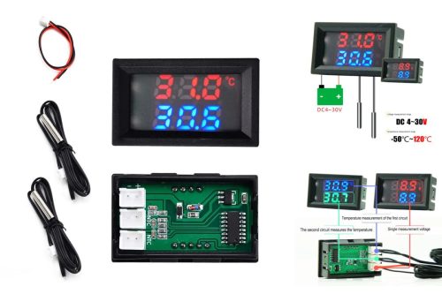 Hőmérő panel, dupla kijelző, dupla hőmérséklet mérés -50 - +120 fok LED piros/kék + feszültség mérés AKCIÓS !!!! KAPHATÓ !!!!